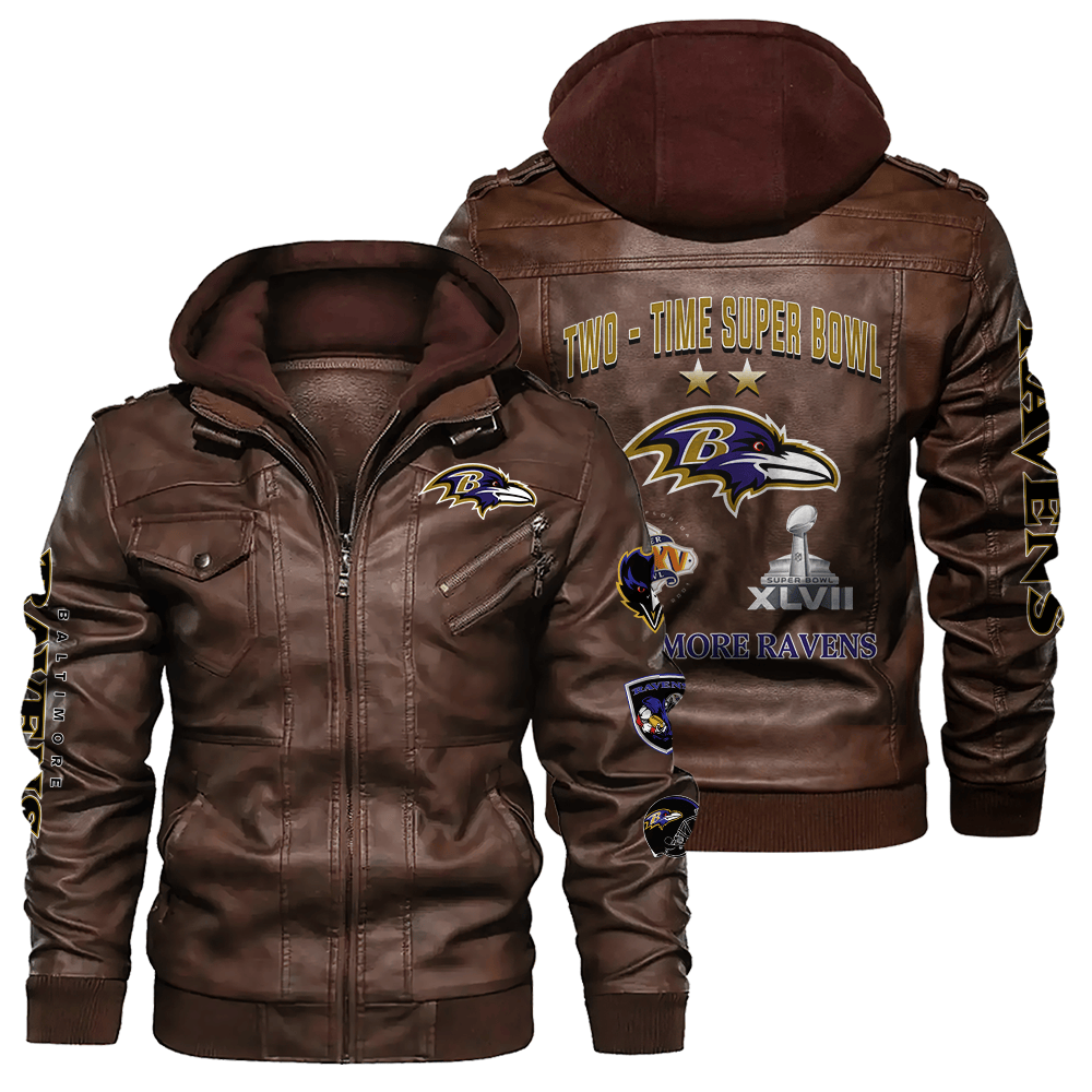 Baltimore Ravens NFL Two Time Super Bowl Champions Zip Brown Leather Jacket With Hood