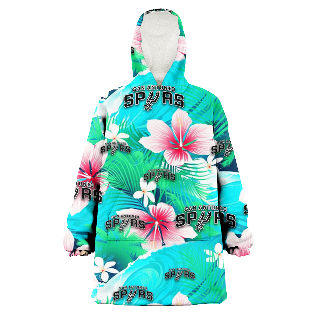 San Antonio Spurs Pink Hibiscus Green Leaf Blue Background 3D Printed Hoodie Blanket Snug Hoodie