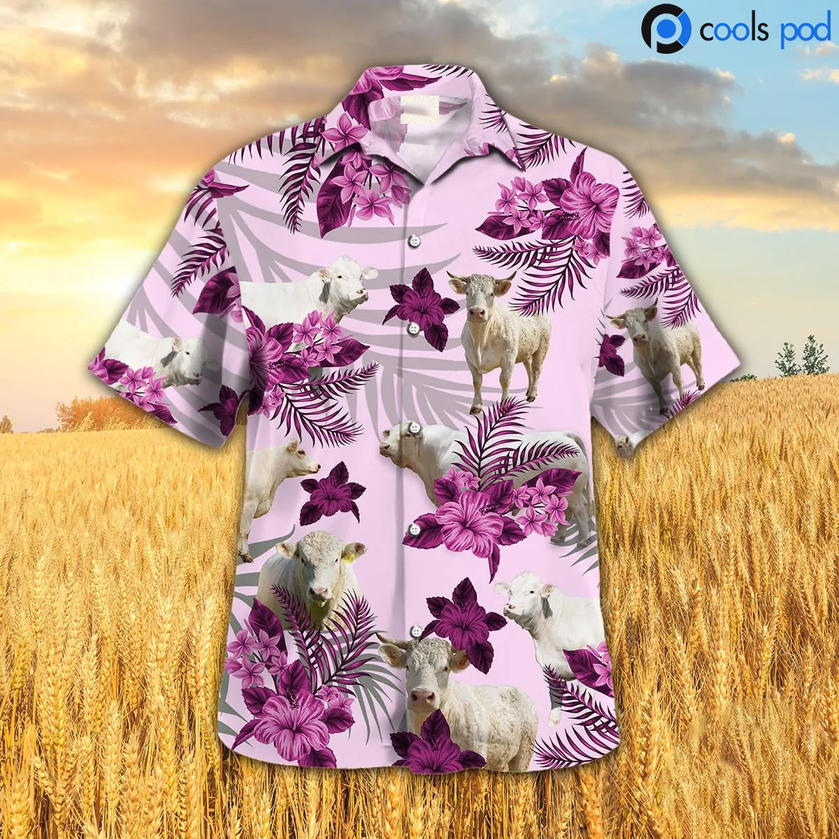 Charolais Hibiscus Hawaiian Shirt, Pink Hawaiian Shirt All Over Printed Cow Floral