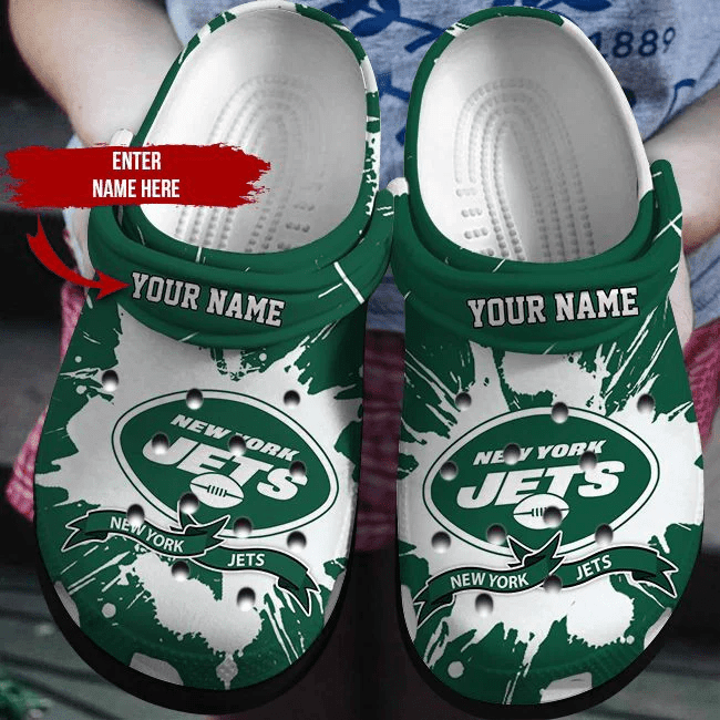 New York Jets On Green Pattern Custom Name Crocss Clog Comfortable Shoes Ver755