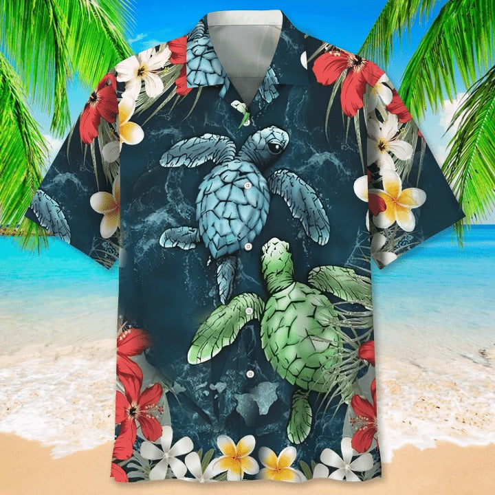 3D All Over Print Turtle Floral Hawaiian Shirt, Aloha Beach Shirt, Summer Hawaiian Turtle Shirt