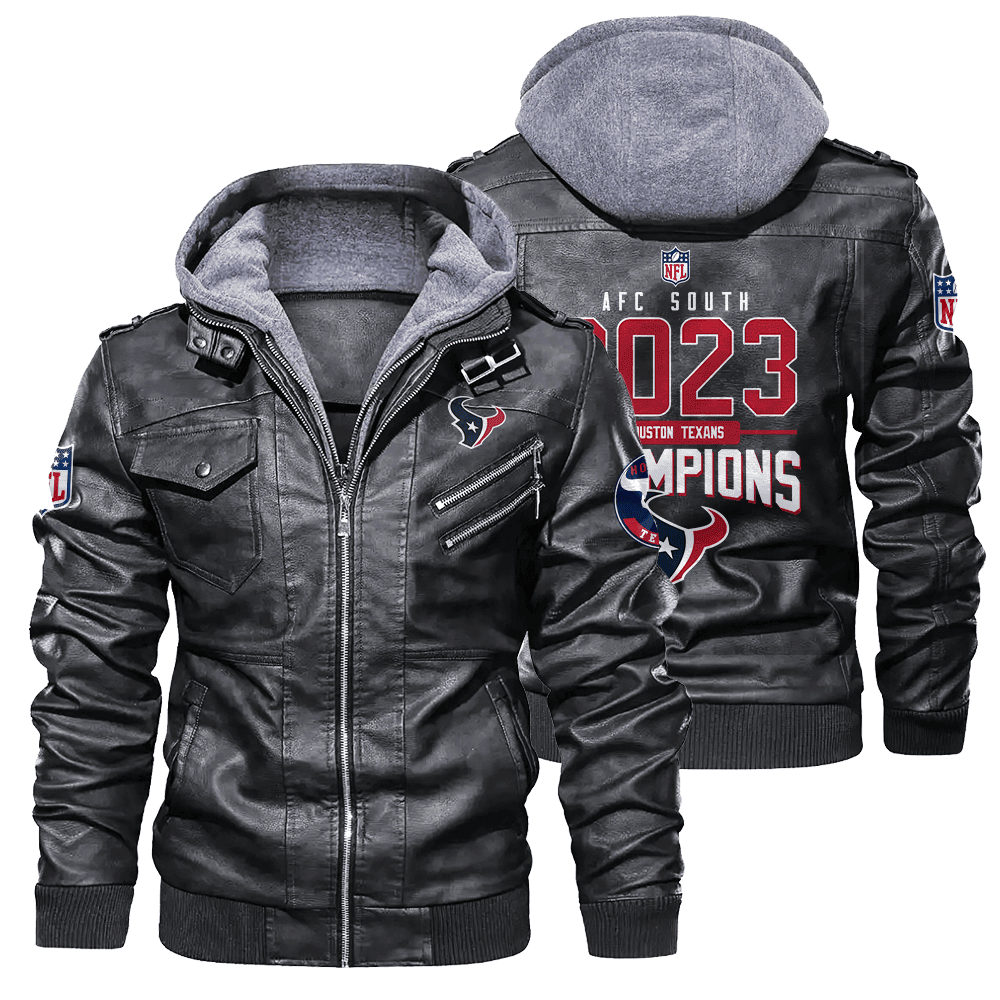 Houston Texans AFC South 2023 Division Champions Team Logo Zip Black Leather Jacket With Hood