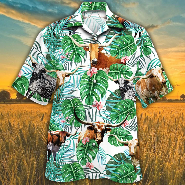 Tx Longhorn Cattle Lovers Tropical Plant Hawaiian Shirt, Cow Hawaiian Shirt,