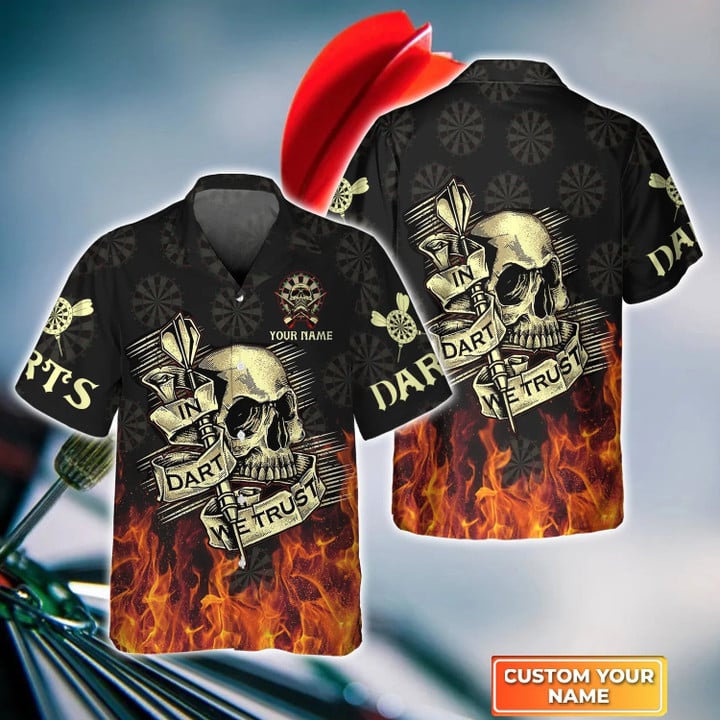 Darts Skull Personalized Name 3D Hawaiian Shirt For Darts Player, Dart Shirt, Skull Shirt