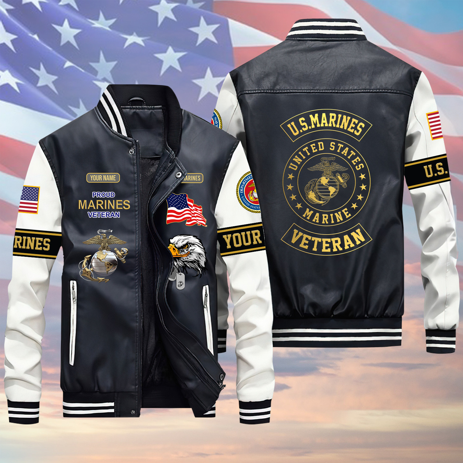 U.S Marine Veteran Proud Logo V1 Green Winter Gear Leather Bomber Leterman Varsity Jacket