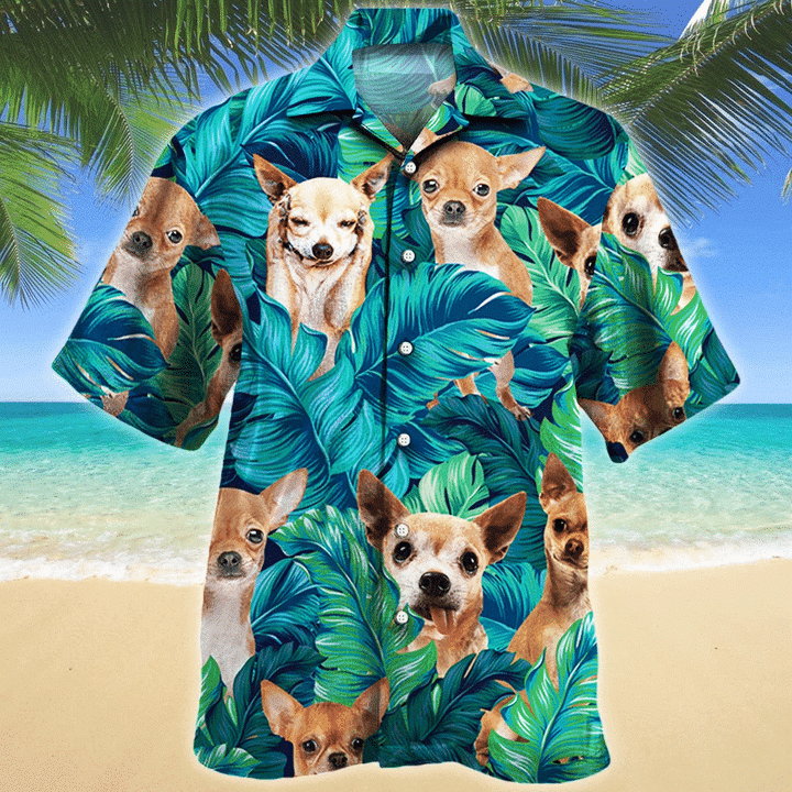 Chihuahua Tropical Hawaii Shirt For Dog Lovers, Hiding Chihuahua Dog In Tropical Palm Leaves Pattern Hawaiian Shirt