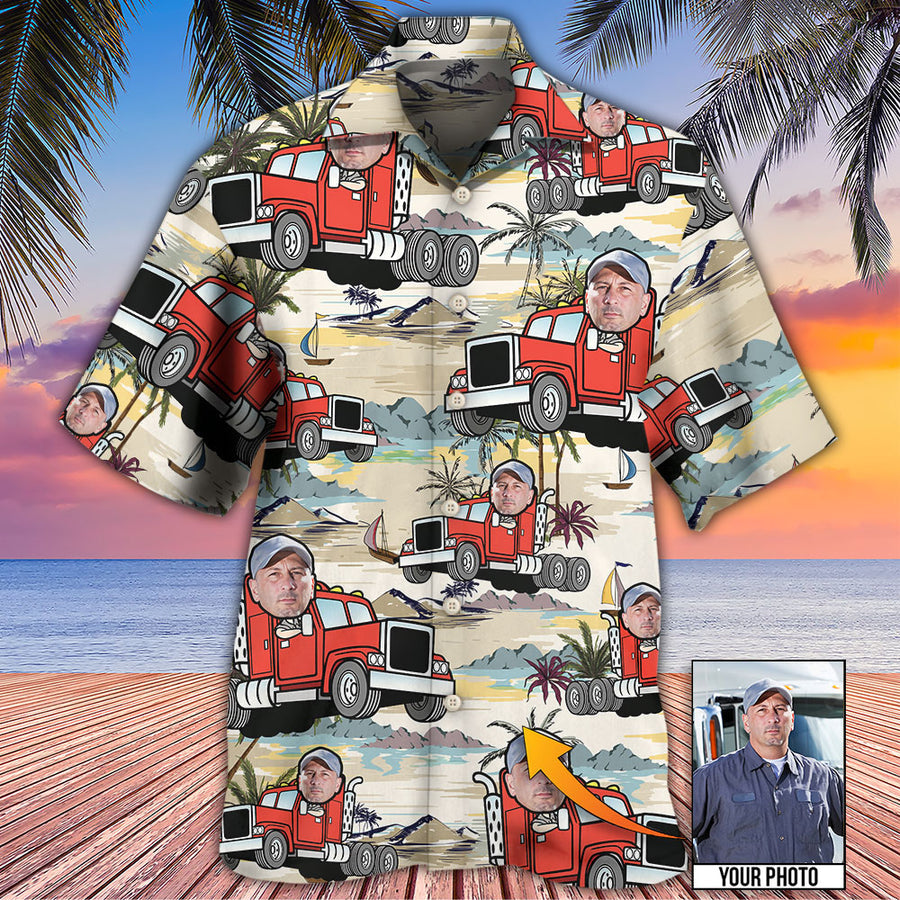 Truck Driver Tropical Beach Custom Face Photo Hawaiian Shirt, Perfect Gift For Men, Truck Driver Uniform Shirt