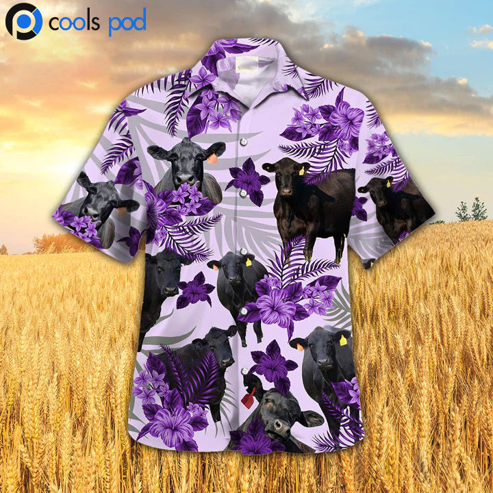 Black Angus Hibiscus Hawaiian Shirt For Men Women, Purple Hawaiian Shirt Short Sleeve For Men Women