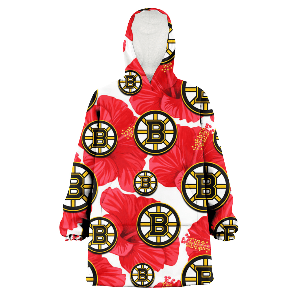 Boston Bruins Big Red Hibiscus White Background 3D Printed Hoodie Blanket Snug Hoodie