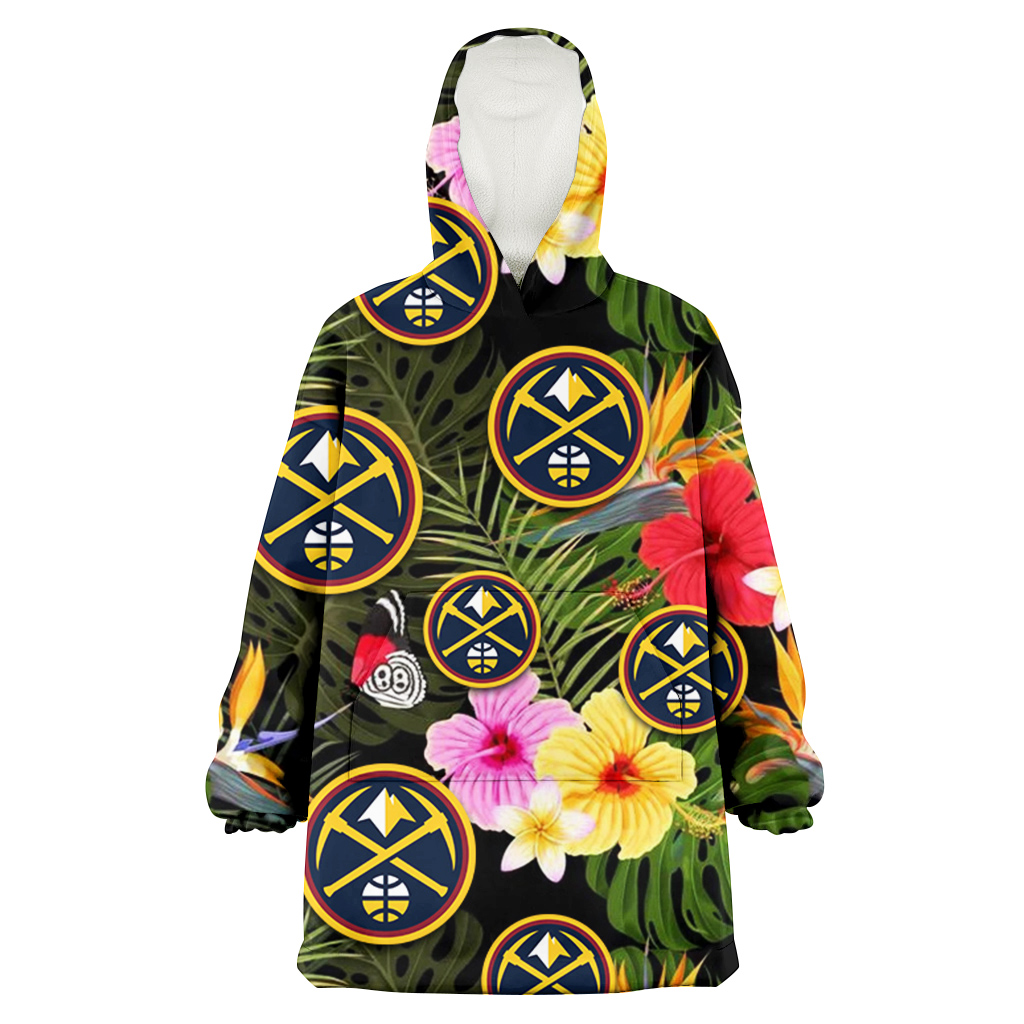 Denver Nuggets Colorful Hibiscus Green Leaf Back Background 3D Printed Hoodie Blanket Snug Hoodie