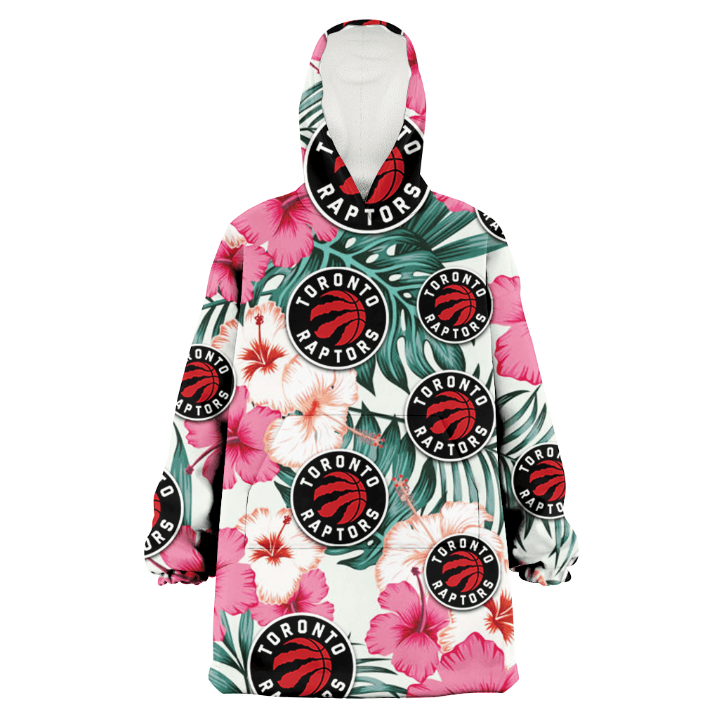 Toronto Raptors Coral Pink Hibiscus Green Leaf Beige Background 3D Printed Hoodie Blanket Snug Hoodie