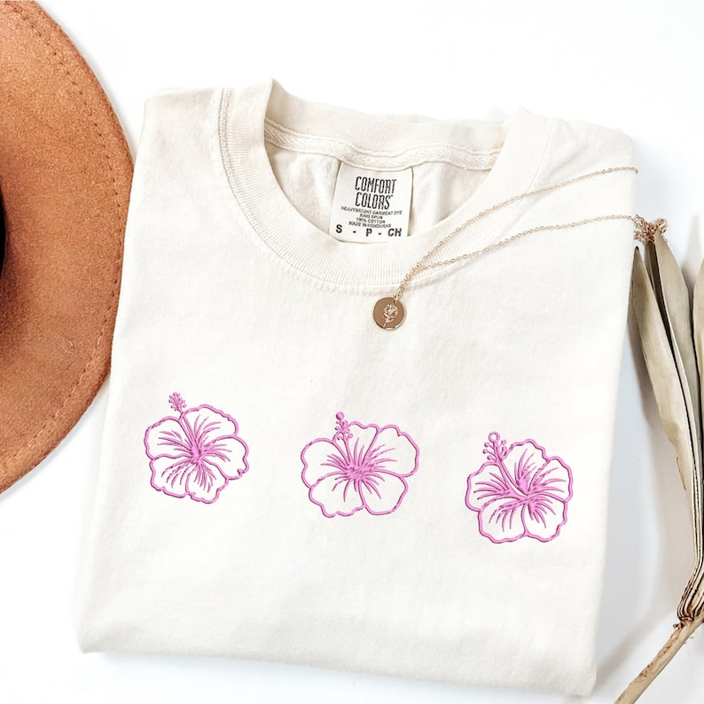 Embroidered Hibiscus Comfort Colors Tshirt Personalized Thread Color, Tropical Tee Hawaii Shirt, Beach Shirt, Summer Tee