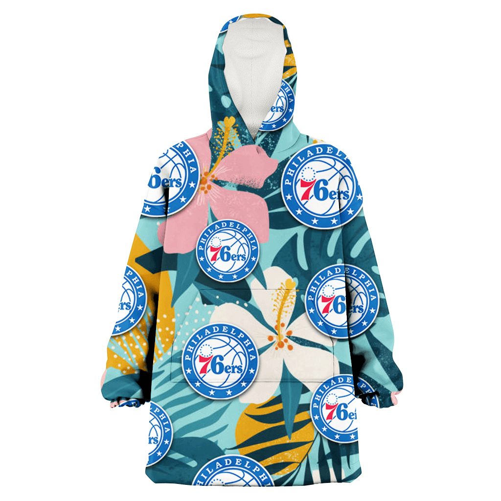 Philadelphia 76ers Pastel Color Hibiscus Tropical Leaves Light Green Background 3D Printed Hoodie Blanket Snug Hoodie