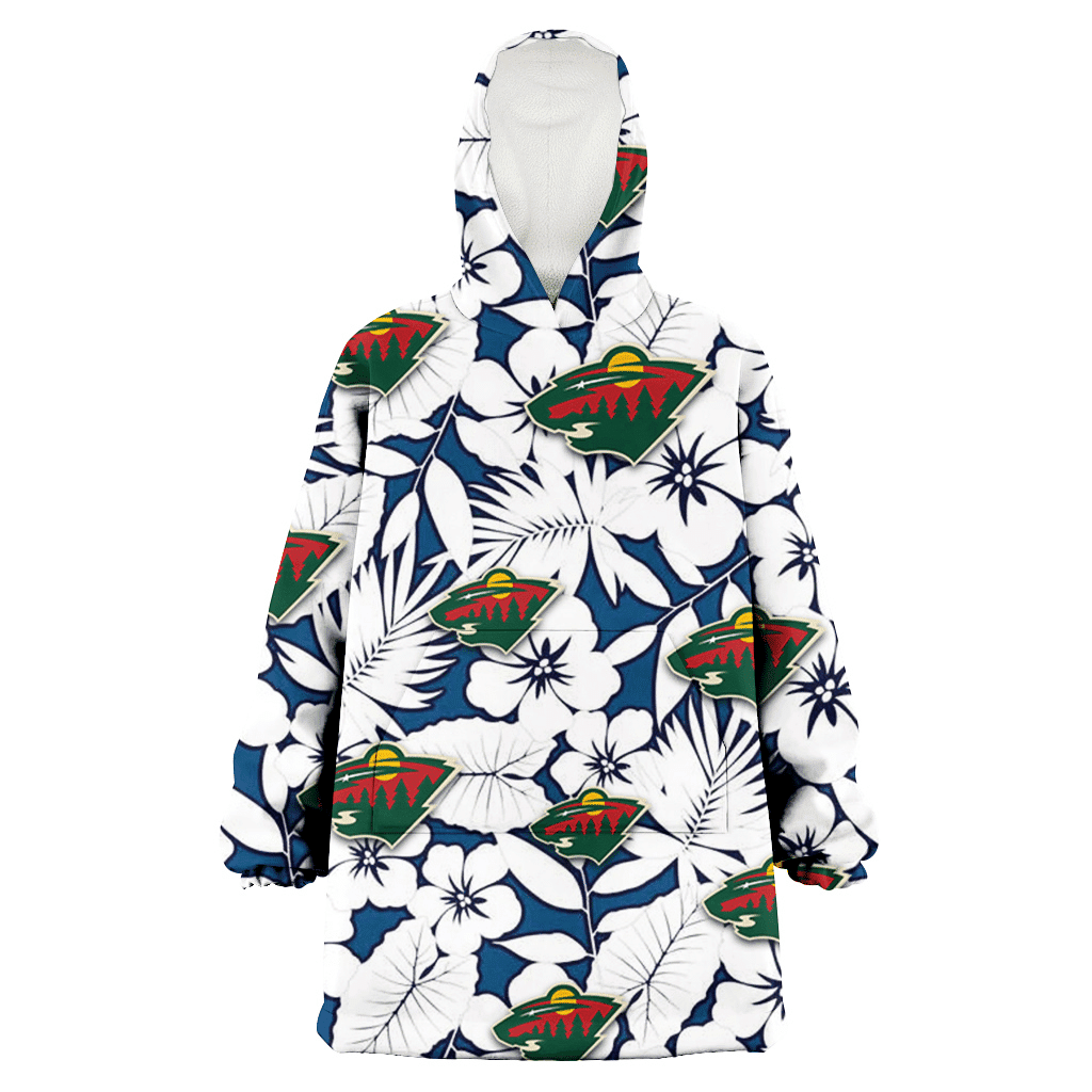 Minnesota Wild White Hibiscus And Leaves Blue Background 3D Printed Hoodie Blanket Snug Hoodie