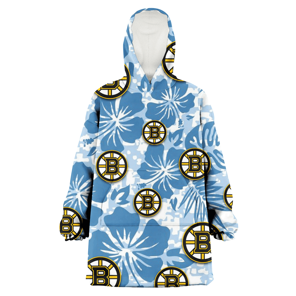 Boston Bruins Blue Hibiscus Blue Leaves Vintage Background 3D Printed Hoodie Blanket Snug Hoodie