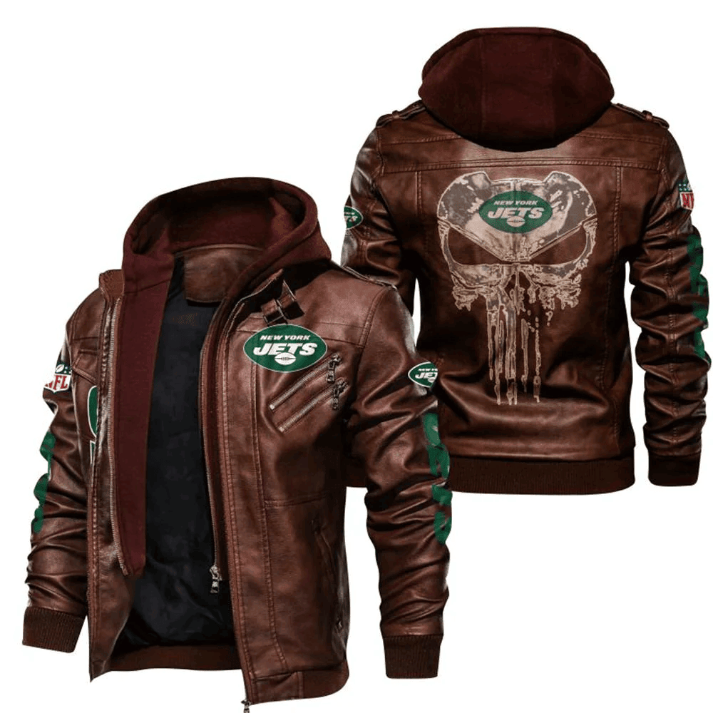 New York Jets Skull Zip Leather Jacket With Hood