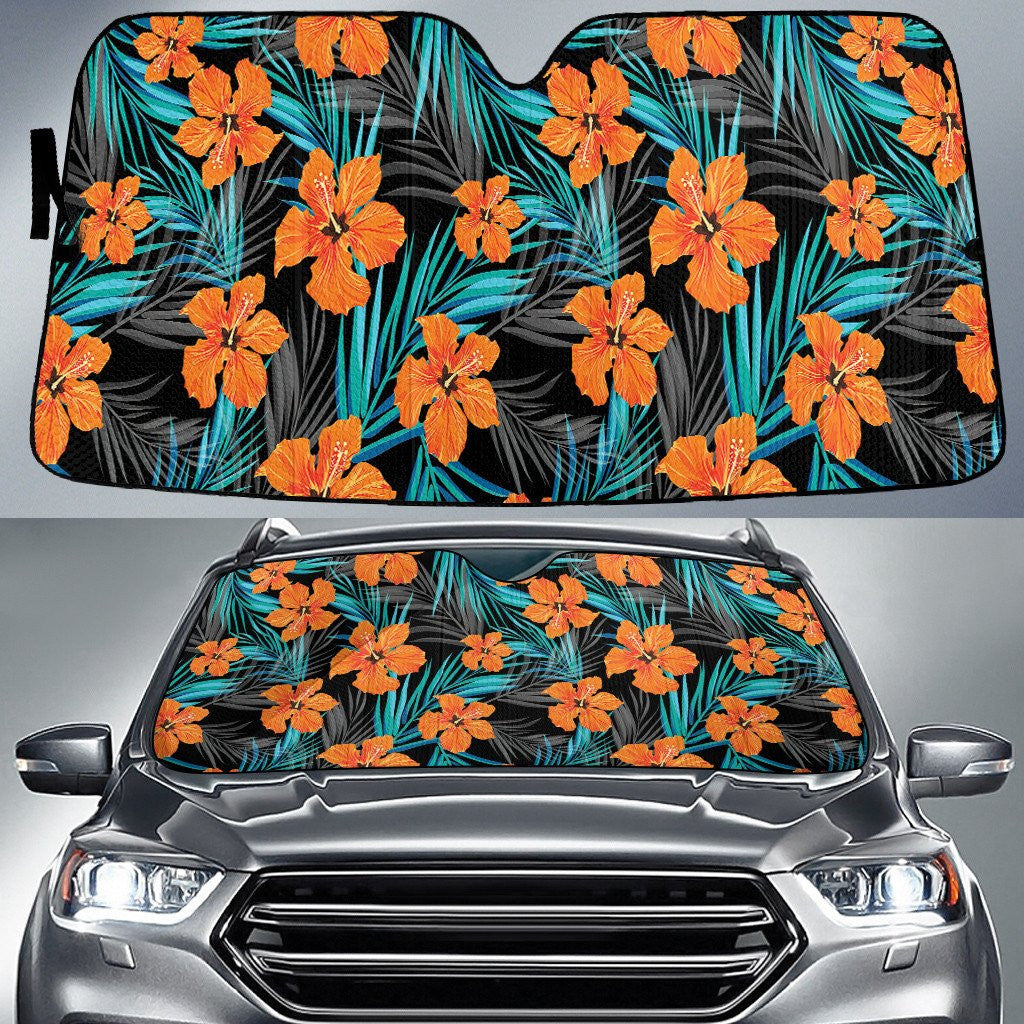 Orange Hawaiian Hibiscus Flower Over Acera Leaf All Over Print Car Sun Shades Cover Auto Windshield Coolspod