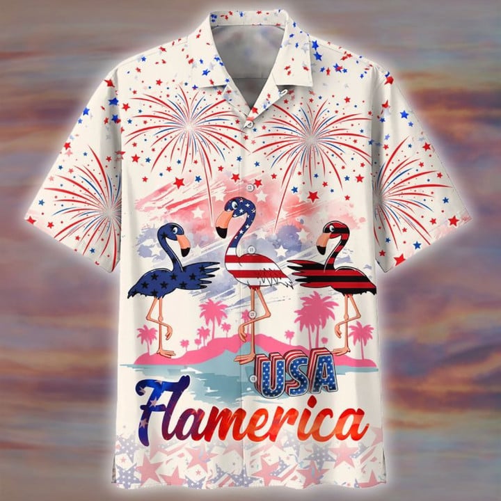 Usa Flamerica Hawaiian Shirt For 4Th Of Jul, Summer Flamingo Aloha Beach Shirt For Men And Womens, Unisex Hawaiian Shirt