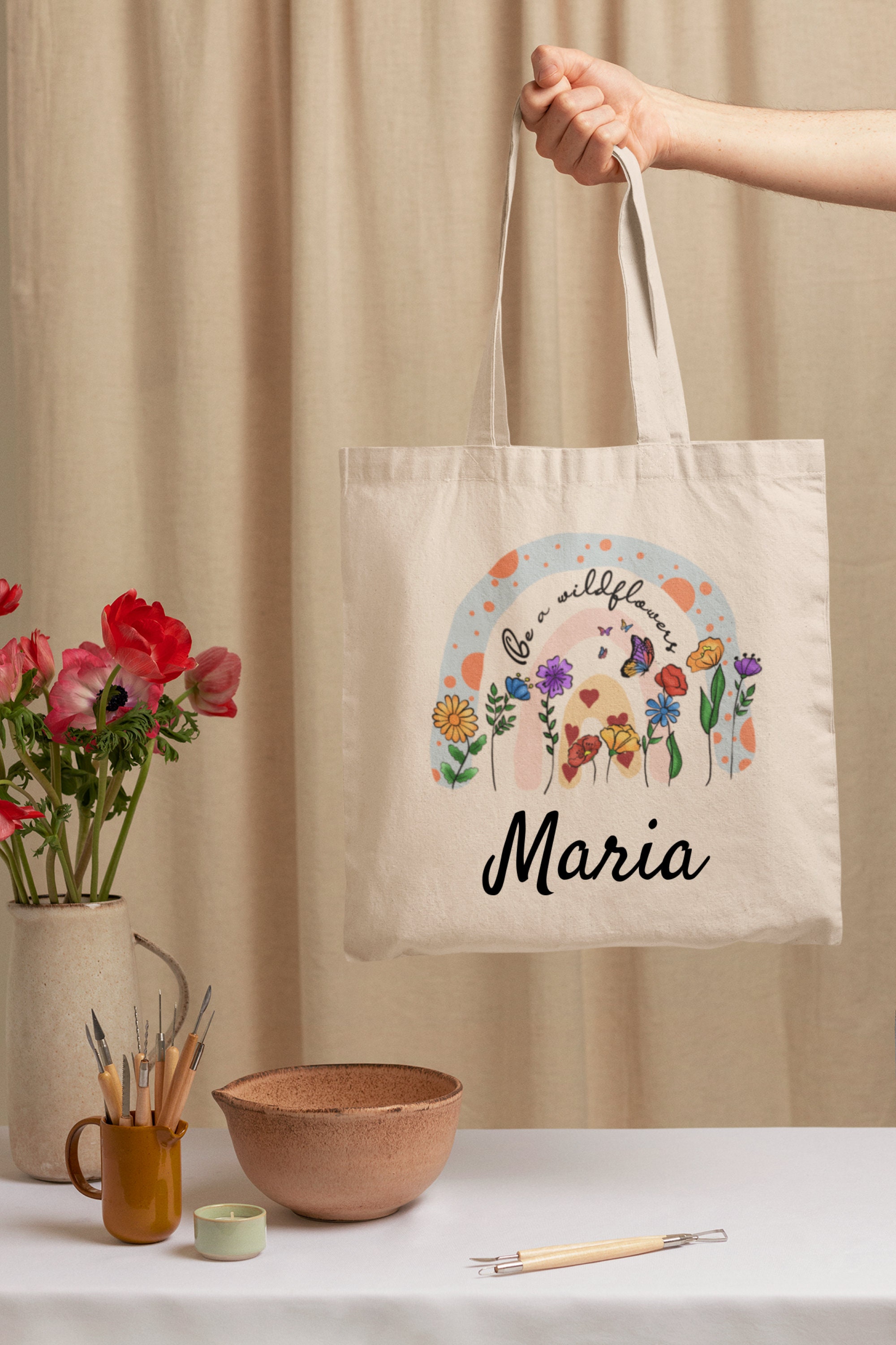 Personalized Wildflower Rainbow Canvas Tote Bag | Boho Tote Bag | Sustainable Bag | Shopping Bag | School Bag | Shopping Bag