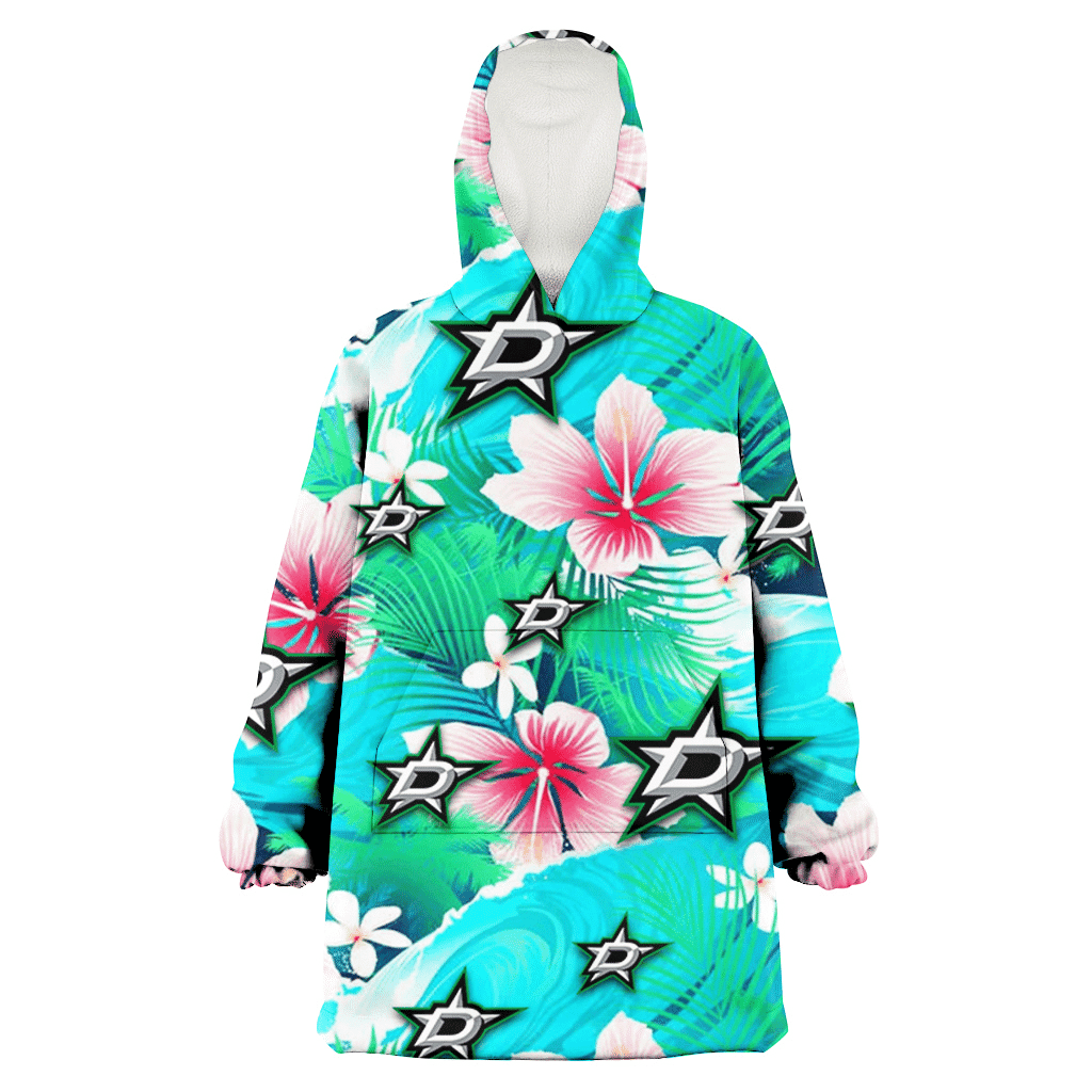Dallas Stars Pink Hibiscus Green Leaf Blue Background 3D Printed Hoodie Blanket Snug Hoodie