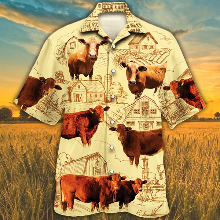 Beefmaster Cattle Lovers Farm Hawaiian Shirt, Farm Cow Short Sleeve Hawaiian Aloha Shirt For Men, Women