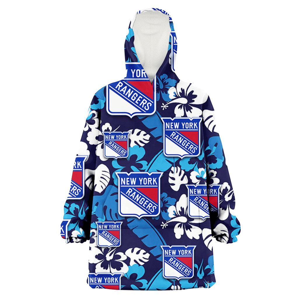 New York Rangers Light Blue Hibiscus Banana Leaf Navy Background 3D Printed Hoodie Blanket Snug Hoodie