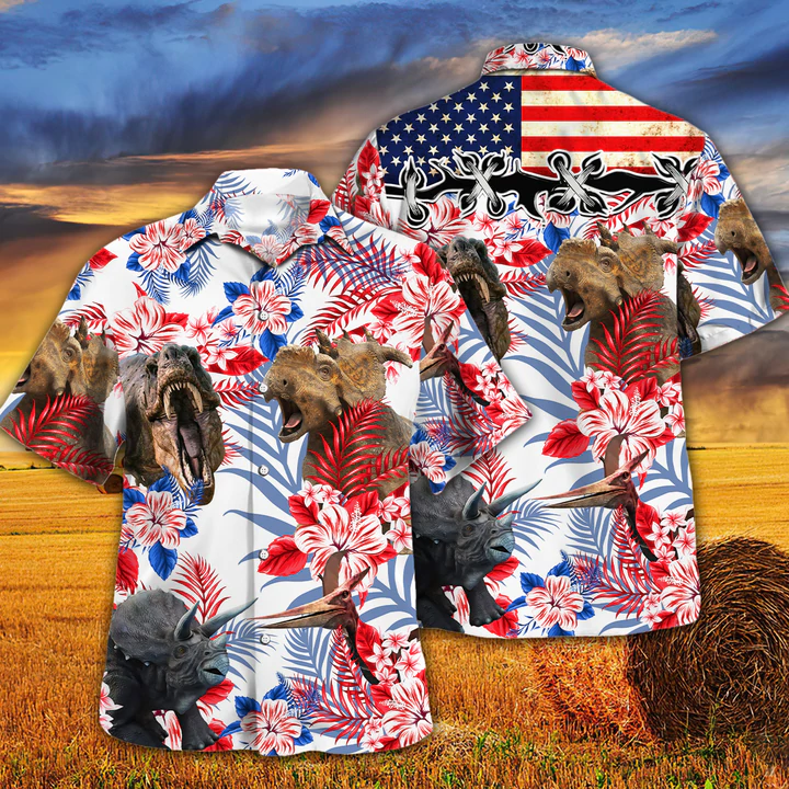 Dinosaur Lovers American Flag Hawaiian Shirt, Dinosaur Aloha Hawaiian Shirt, Flowers Aloha Shirt For Men, Women