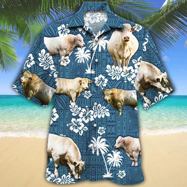 Charolais Cattle Lovers Blue Tribal Hawaiian Shirt, Charolais Hawaiian Shirts, Charolais Aloha Shirt For Men, Hawaii Shirt Woman