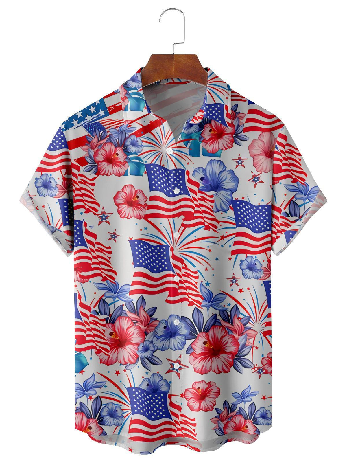 American Flag Flower Casual Men’S Hawaiian Shirt, 4Th Of July Hawaiian Shirt