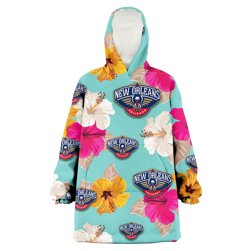 New Orlean Pelicans Pink Yellow White Hibiscus Turquoise Background 3D Printed Hoodie Blanket Snug Hoodie