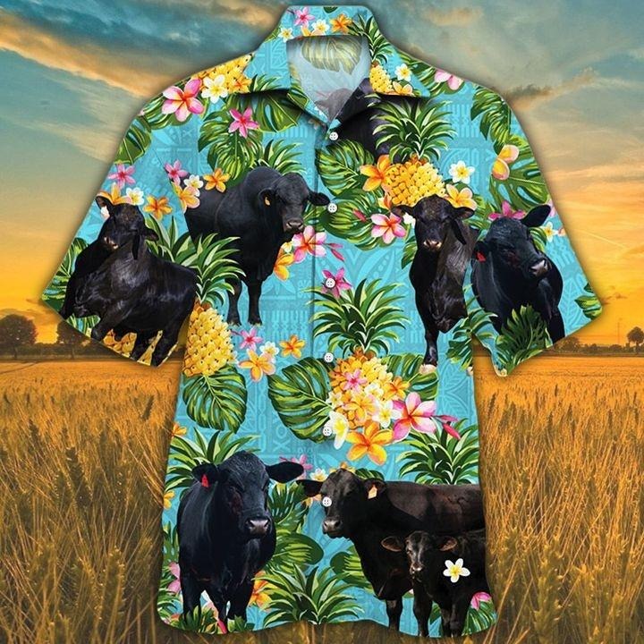 Brangus Cattle Lovers Pineapple, Brahman Angus Cattle Lovers Hawaiian Shirt, Casual Short Sleeve Hawaiian Shirt Blue