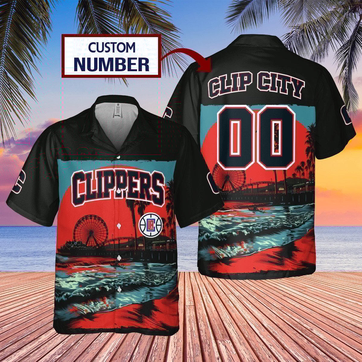 Custom Number La Clippers Nba Santa Monica Pier Clip City Tropical Pattern Hawaiian Shirt
