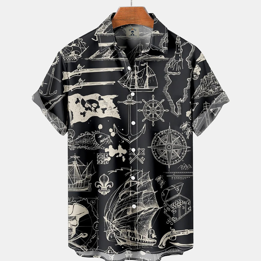 Vintage Hawaiian Nautical Pirate Ship Print Short Sleeve Hawaiian Shirt