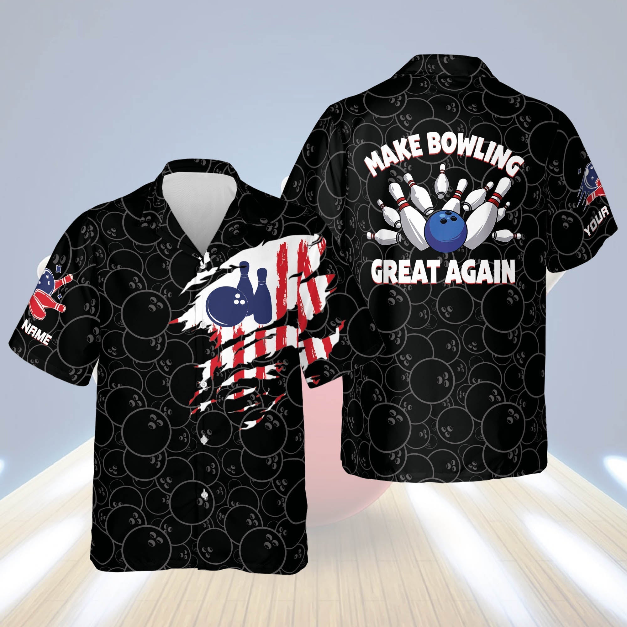 Custom Name Bowling Shirts For Men, Men’S Usa Hawaiian Shirt, Bowling Hawaiian Shirt For Men