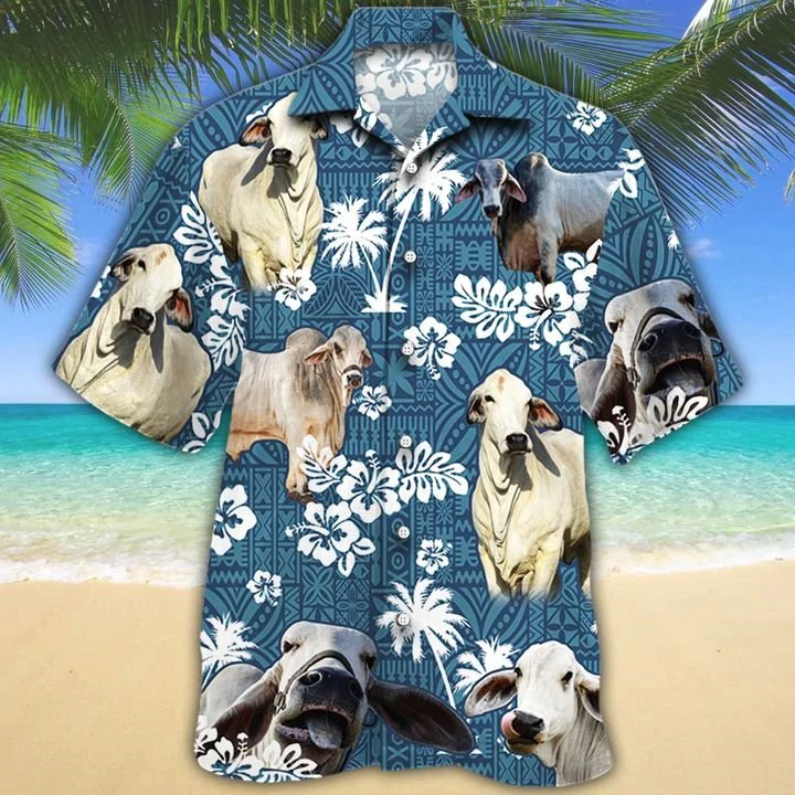 Brahman Cattle Lovers Blue Tribal Hawaiian Shirt, Cow Hawaiian Shirts, Cow Aloha Shirt For Men, Hawaii Shirt Woman