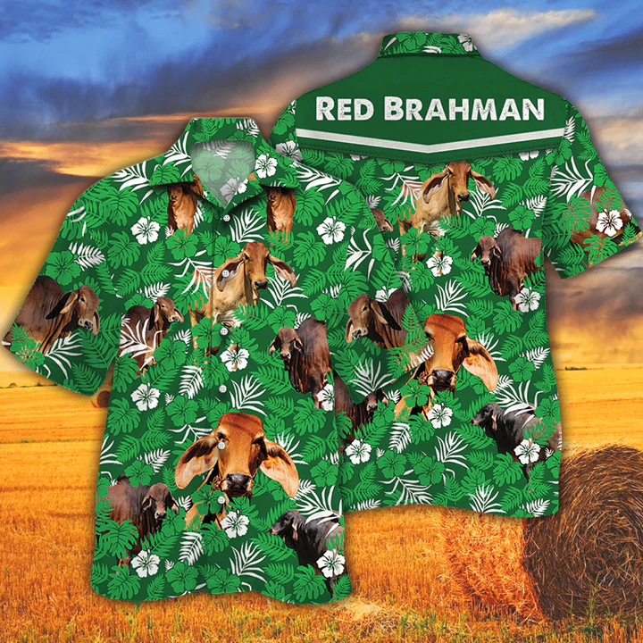 Cow Men’S Hawaiian Shirt – Vintage Farm Hawaiian Shirts, Red Brahman Cattle Lovers Green Floral Pattern Hawaiian Shirt