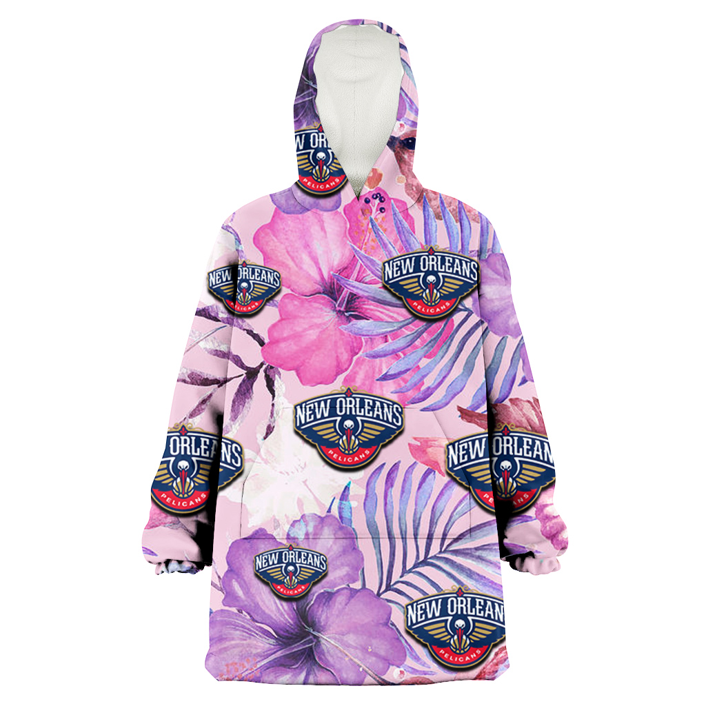 New Orlean Pelicans White Purple Hibiscus Pink Hummingbird Pink Background 3D Printed Hoodie Blanket Snug Hoodie