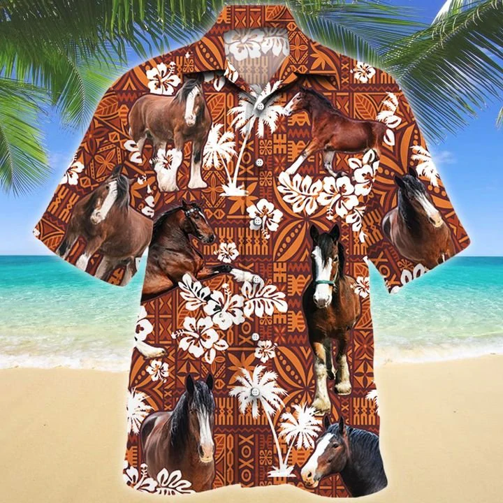 Clydesdale Horse Red Tribal Pattern Hawaiian Shirt, Horse Short Sleeve Hawaiian Aloha Shirt