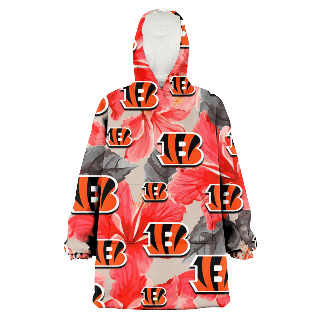 Cincinnati Bengals Red Hibiscus Gray Leaf Gainsboro Background 3D Printed Hoodie Blanket Snug Hoodie