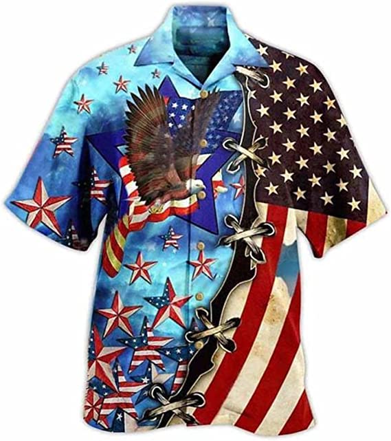 Men’S American Flag Print Shirt Summer Short Holiday Beach Aloha Shirts, 4Th Of July Hawaiian Shirt