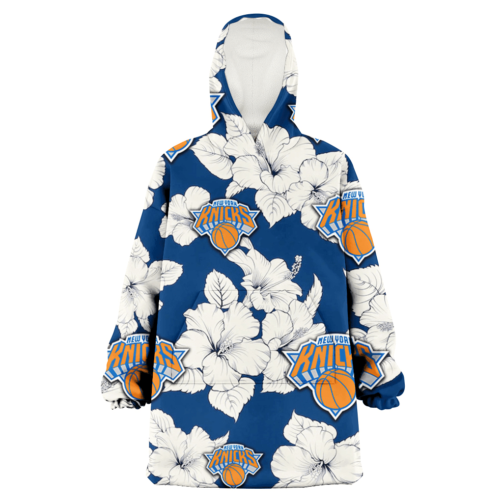 New York Knicks White Big Hibiscus Blue Background 3D Printed Hoodie Blanket Snug Hoodie