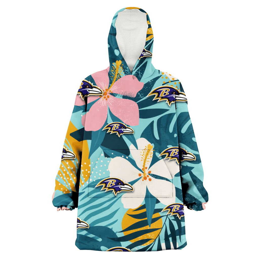 Baltimore Ravens Pastel Color Hibiscus Tropical Leaves Light Green Background 3D Printed Hoodie Blanket Snug Hoodie