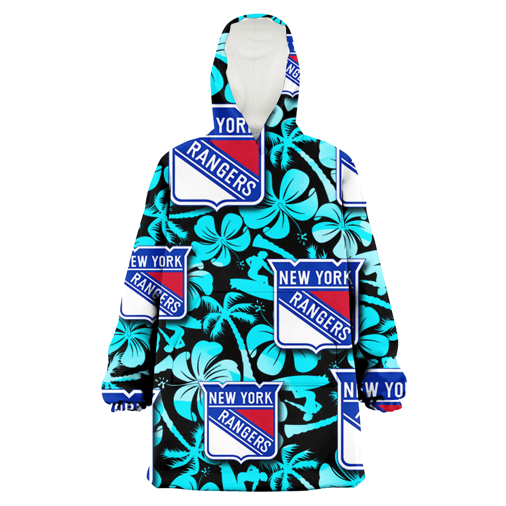 New York Rangers Blue Hibiscus Blue Coconut Tree Black Background 3D Printed Hoodie Blanket Snug Hoodie