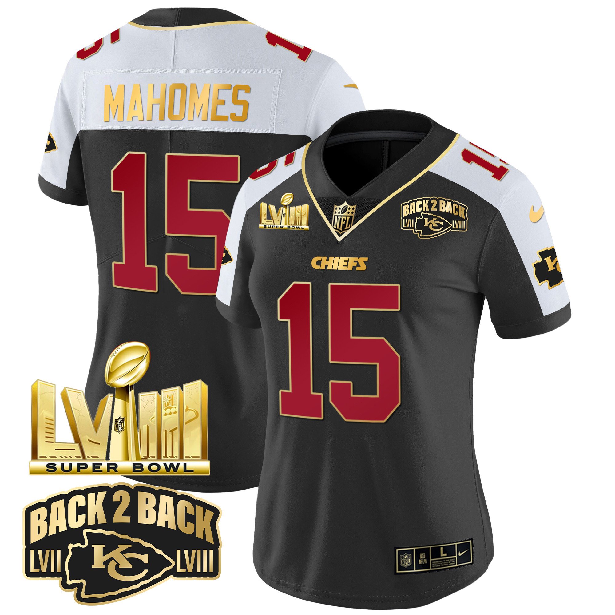 Women’S Chiefs Super Bowl Lviii & Back 2 Back Gold Patch Vapor Jersey – All Stitched