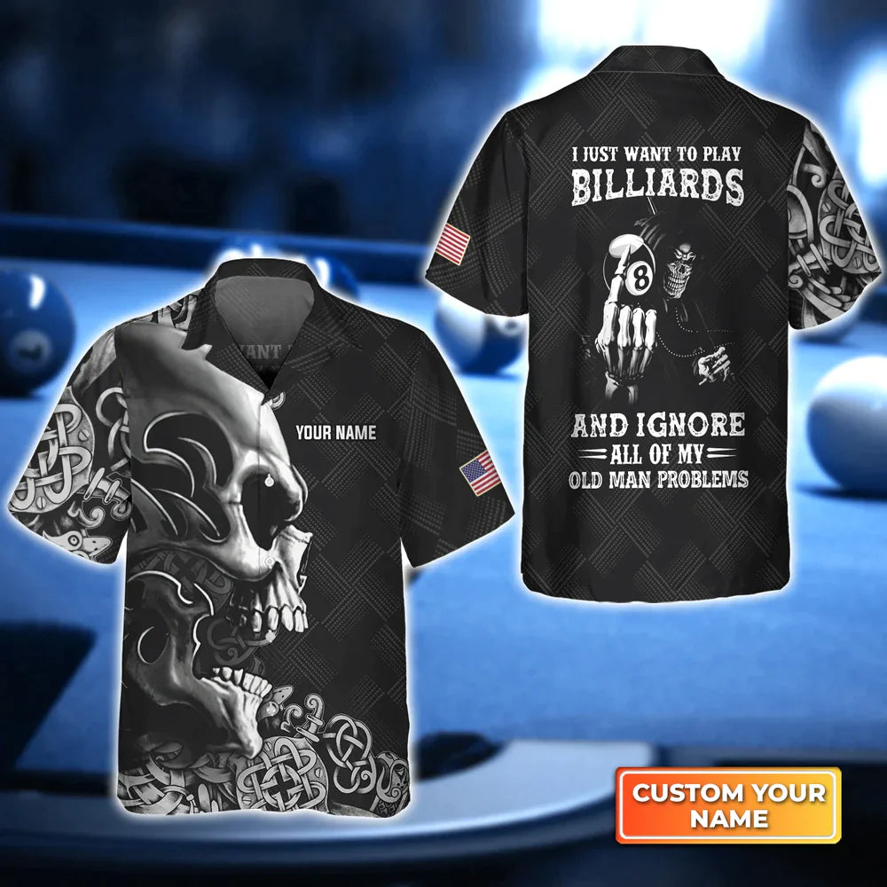 Skull Billiard 8-Ball Pool Player Old Men 3D Hawaiian Shirt, Billiard Team Shirt, Billiard Player