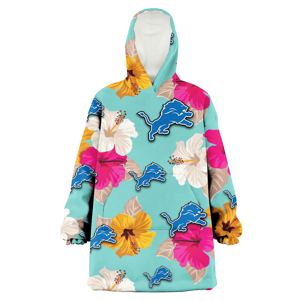 Detroit Lions Pink Yellow White Hibiscus Turquoise Background 3D Printed Hoodie Blanket Snug Hoodie