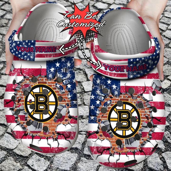 Hockey Crocs – Personalized B.Bruins American Flag Breaking Wall Clog Shoes