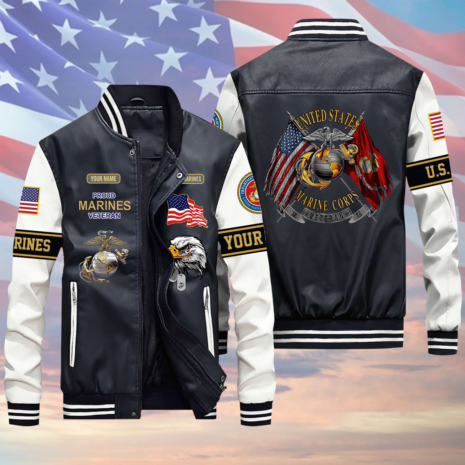 U.S Marine Corps Veteran Proud Flag Green Winter Gear Leather Bomber Leterman Varsity Jacket