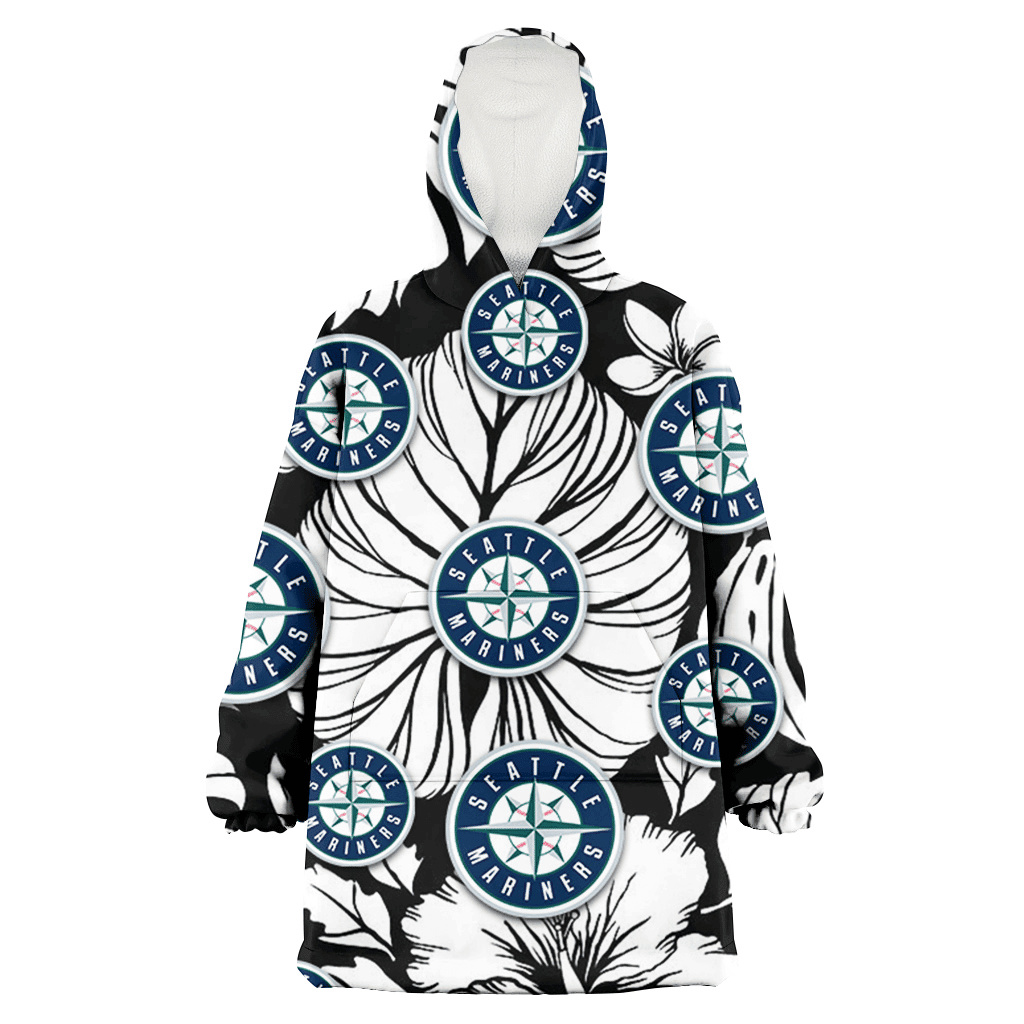 Seattle Mariners White Hibiscus Porcelain Flower Palm Leaf Black 3D Printed Hoodie Blanket Snug Hoodie