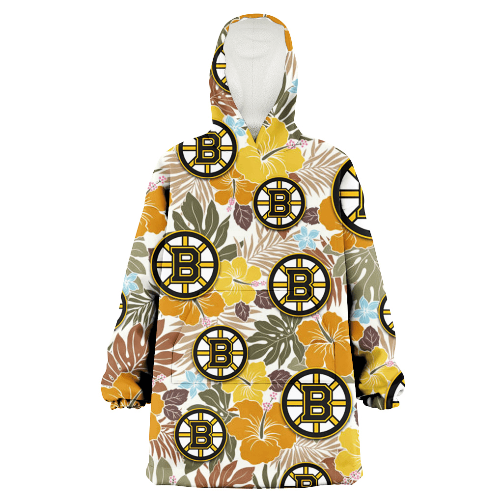 Boston Bruins Brown Yellow Hibiscus White Background 3D Printed Hoodie Blanket Snug Hoodie